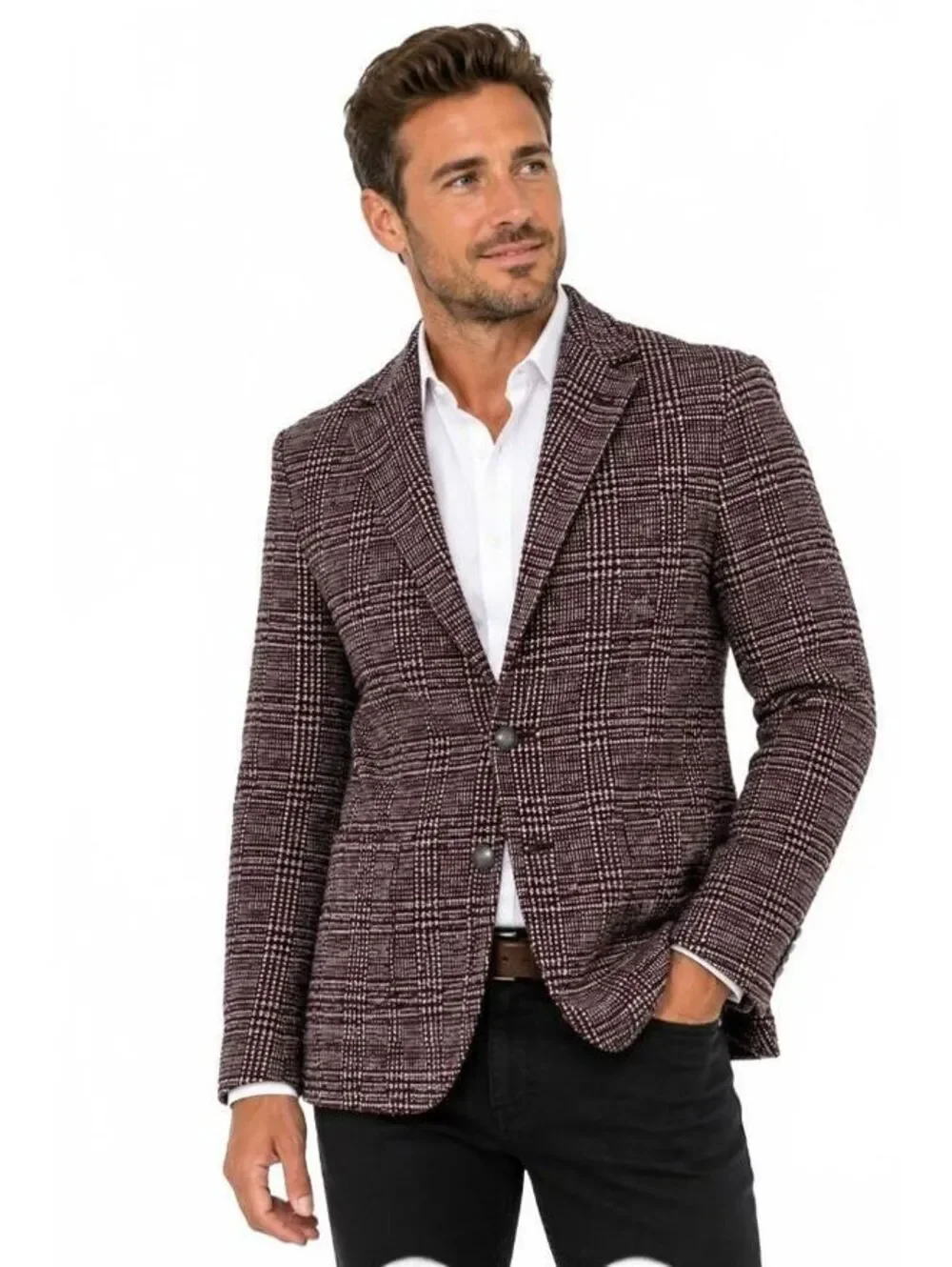 Eleventy Textured Plaid Blazer Prince of Wales Unlined size 50R Burgundy Maroon